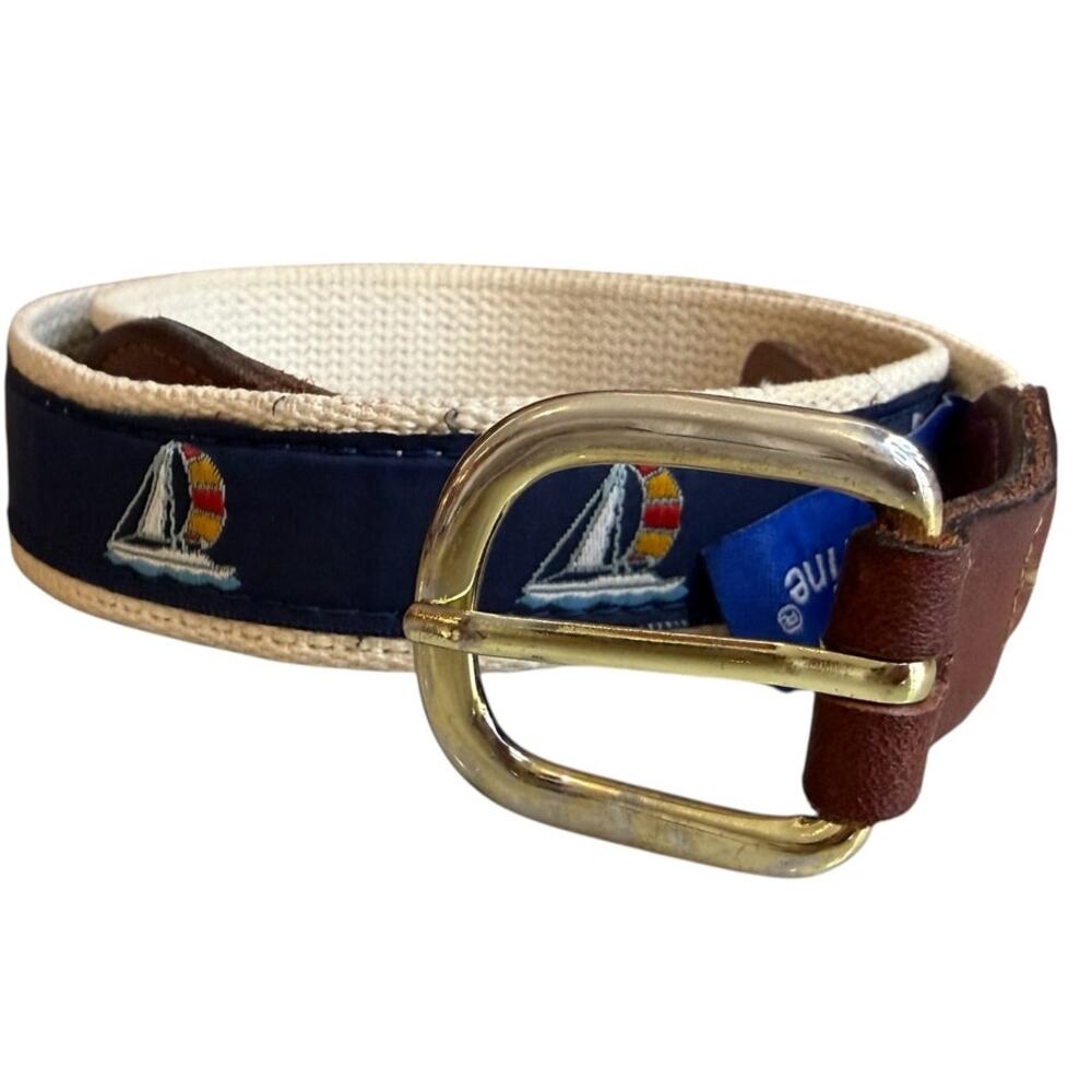 Vintage Canvas Sailboat Belt Navy Blue Leather Trim 34